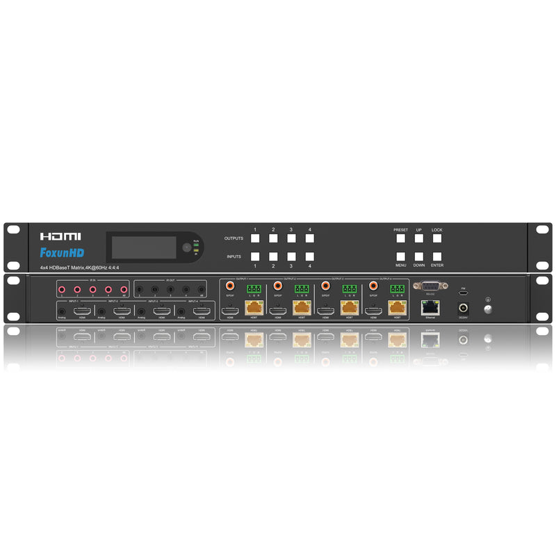 FoxunHD 4x4 HDBaseT Matrix - Support 4K@60 4:4:4/Audio extraction/POC/Downscaler/Control via IR,RS232,IP,PC Tool, Control4
