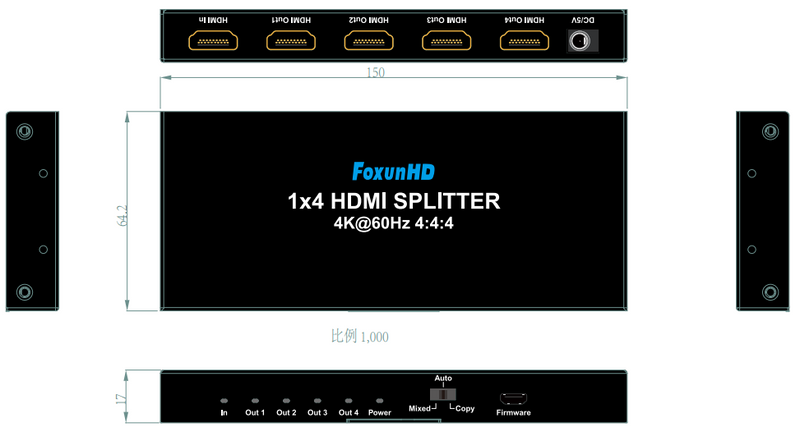 FoxunHD 1x4 HDMI Splitter - Support 4K@60HZ 4:4:4/Downscaler